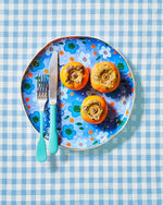 Load image into Gallery viewer, Carla Dinnage Foxy Flower Blue Plate Set 4