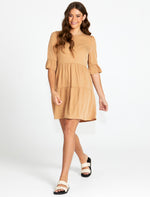 Load image into Gallery viewer, Sass Willow Tiered Mini Dress Tan
