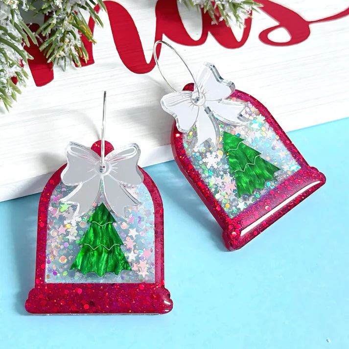 Hello Little Friday Christmas Snow Globe Shimmering Snow Frosted Tree Resin Drop Earrings