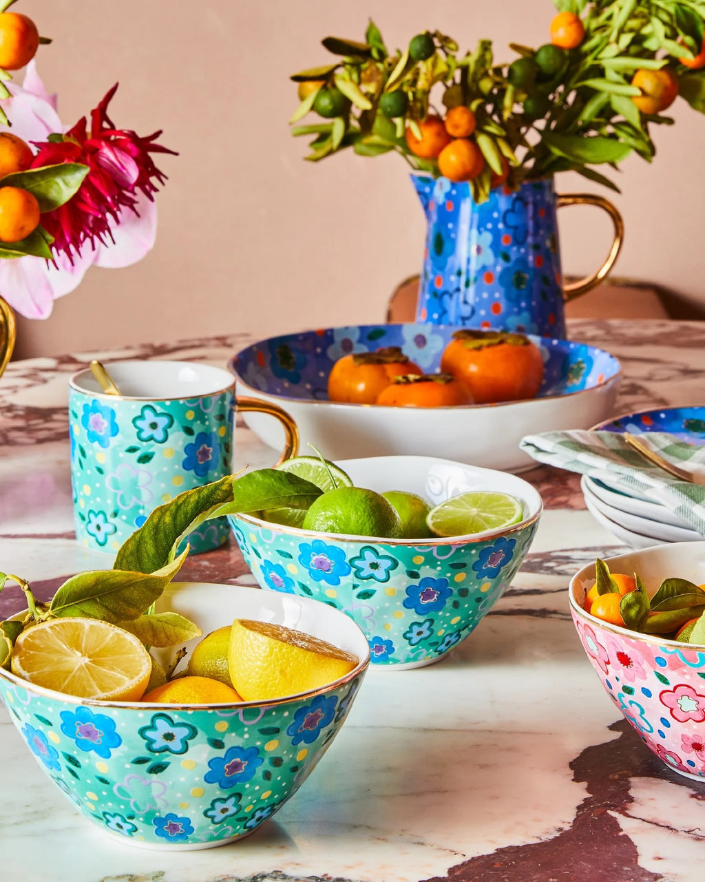 Carla Dinnage Foxy Flower Green Pasta Bowl Set 4