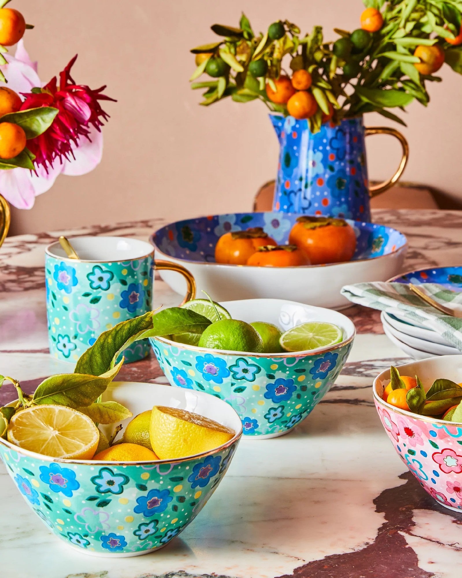Carla Dinnage Foxy Flower Green Pasta Bowl Set 4