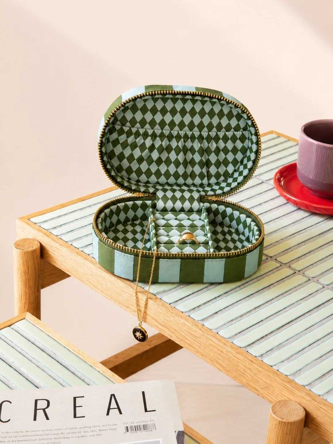 Loco Living Green Stripe Linen Jewellery Box