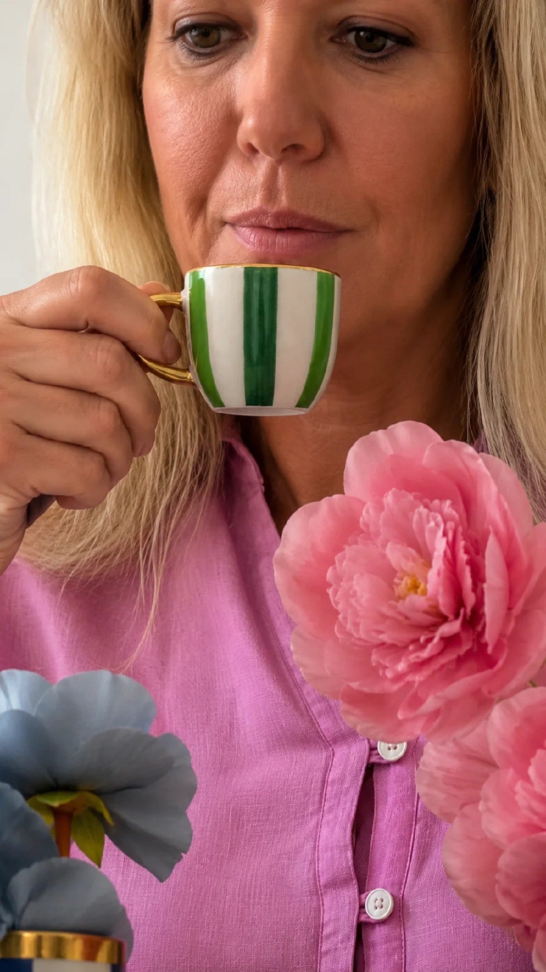 Carla Dinnage Hand Painted Green Stripe Espresso Cup