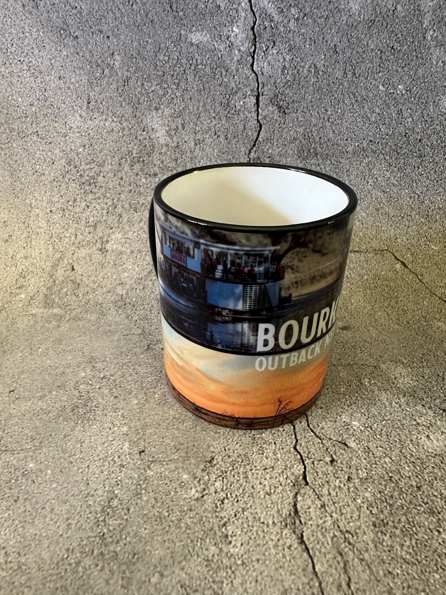 Bourke Coffee Mug Sublimated Black Rim Jandra Bridge Outback Scene