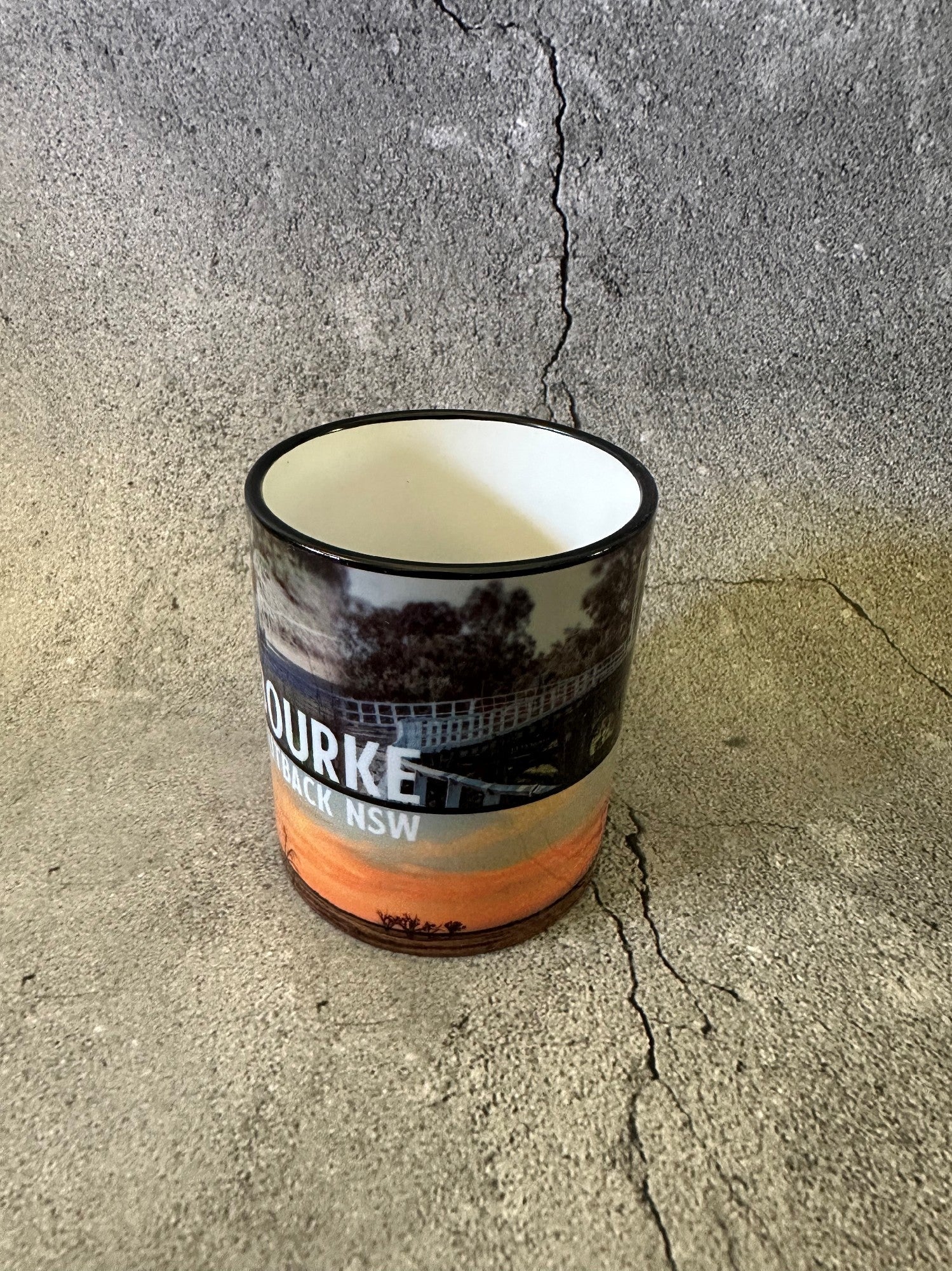 Bourke Coffee Mug Sublimated Black Rim Jandra Bridge Outback Scene