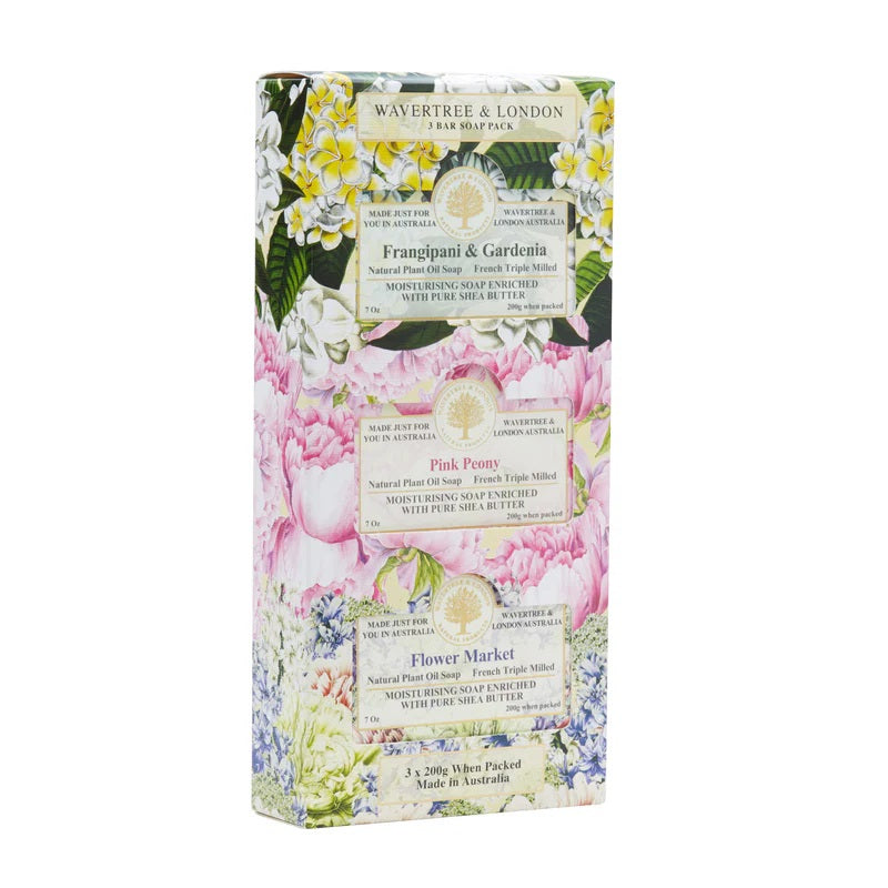 Wavertree & London Trio Soap Gift Set: Frangipani Bouquet - Frangipani & Gardenia/pink Peony/flower Market