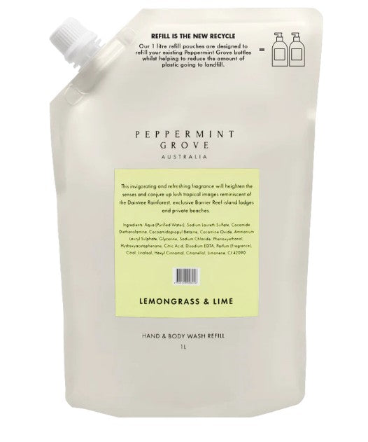 Peppermint Grove Hand & Body Wash Refill 1l Pouch - Lemongrass & Lime