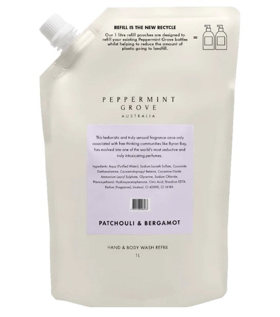 Peppermint Grove Hand & Body Wash Refill 1l Pouch - Patchouli & Bergamot