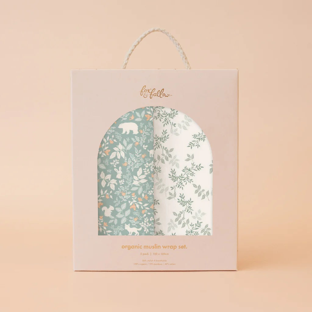 Fox & Fallow Forest Friends Sage/cypress Organic Muslic Wrap Set