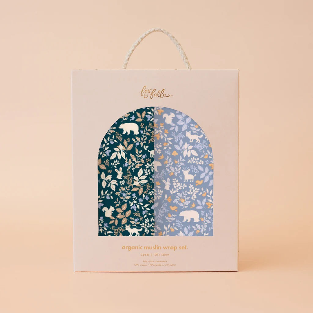 Fox & Fallow Forest Friends Midnight/cornflower Organic Muslin Wrap Set