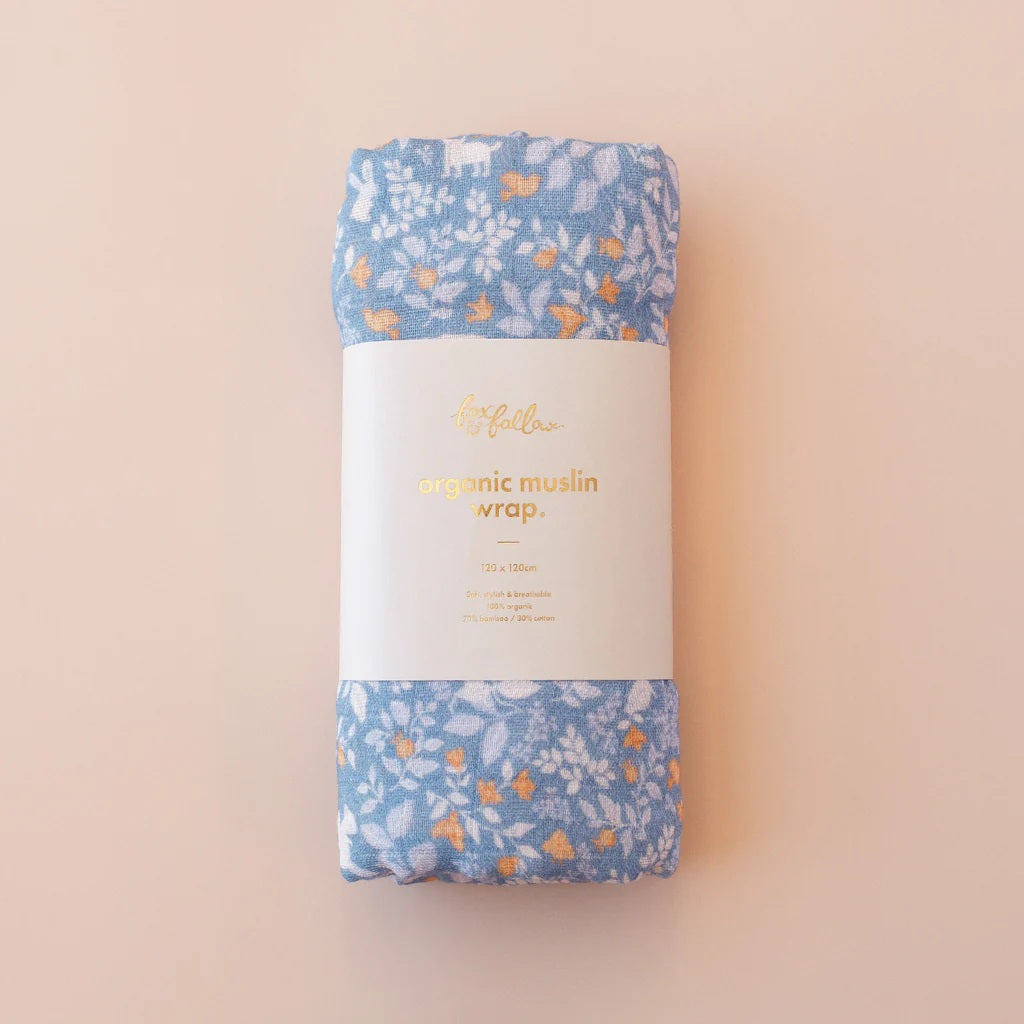Fox & Fallow Forest Friends Midnight/cornflower Organic Muslin Wrap Set
