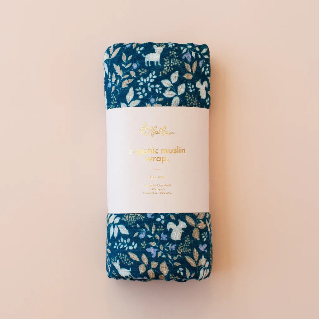 Fox & Fallow Forest Friends Midnight/cornflower Organic Muslin Wrap Set