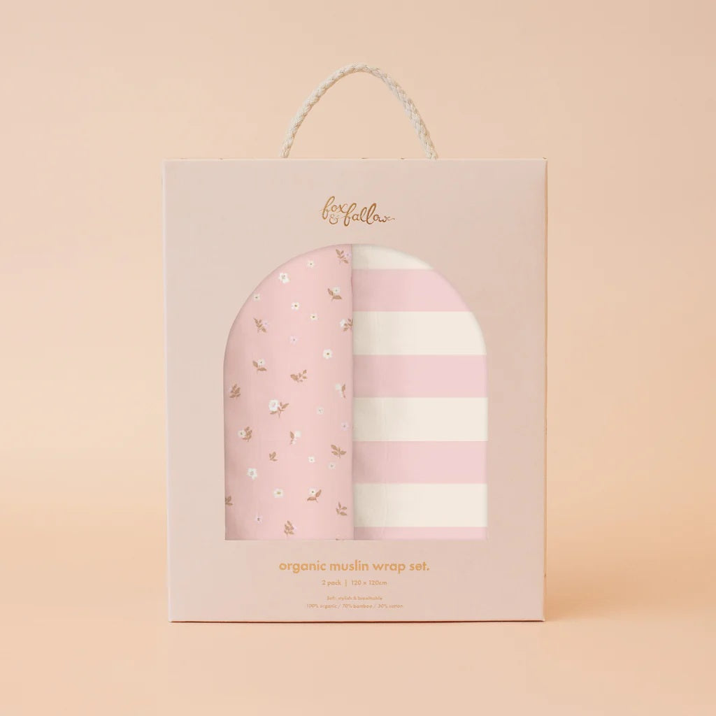 Fox & Fallow Dusty Roses/petal Stripe Organic Muslin Wrap Set