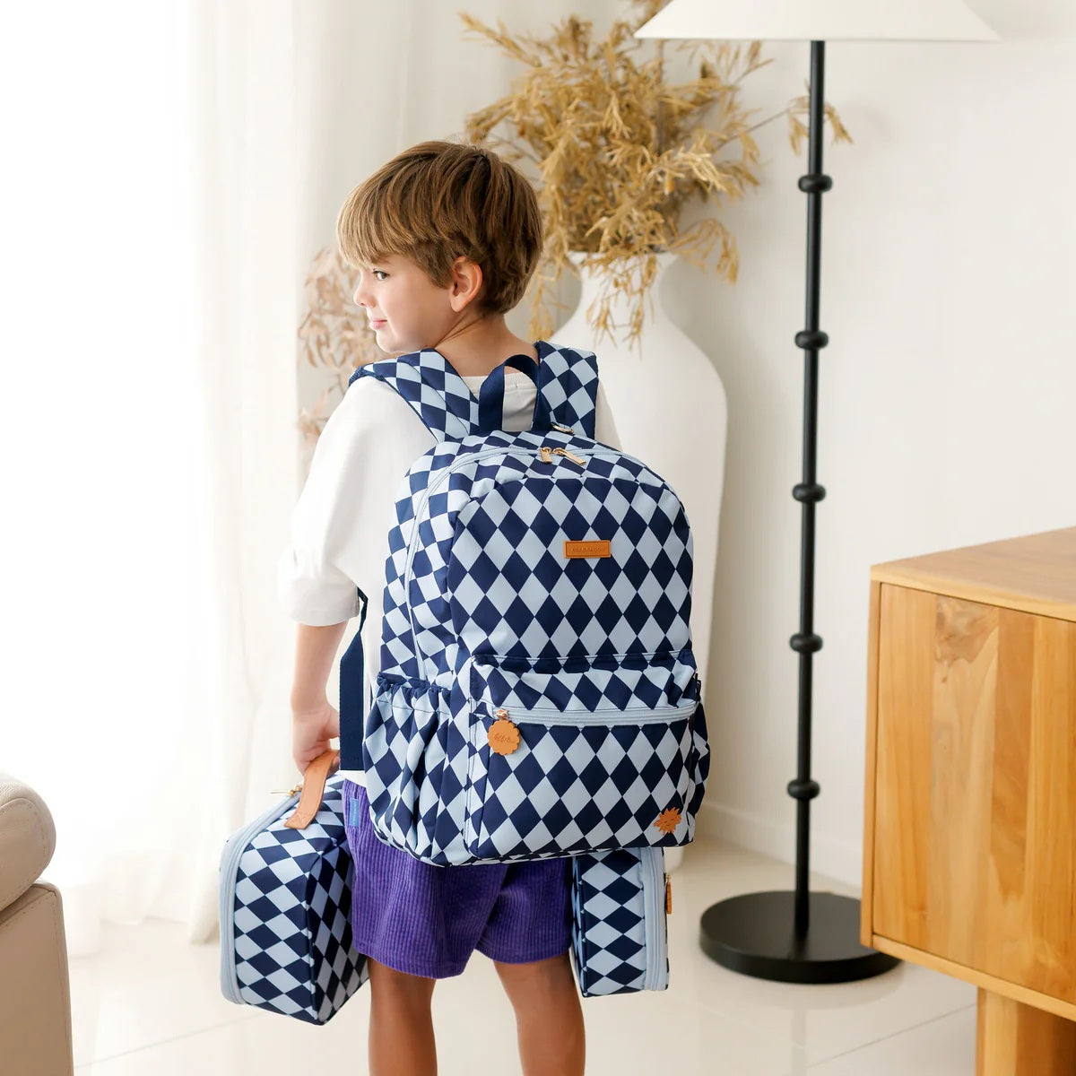 Fox & Fallow Navy Diamonds Junior Backpack - Medium 20l