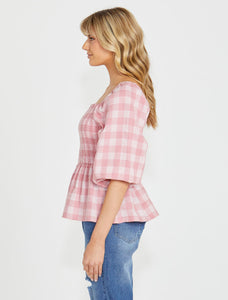 Sass Stevie Shirred Top Pink Check *sale*