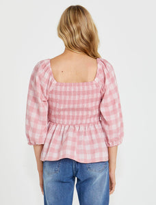 Sass Stevie Shirred Top Pink Check *sale*