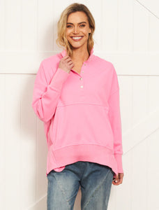Betty Basics Sadie Sporty Button Up Cotton Sweat - Bright Pink [sz:8]