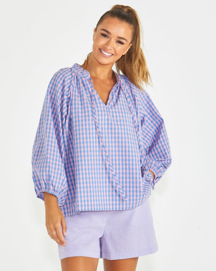 Sass Phillipa Top - Blue/pink Gingham [sz:8]