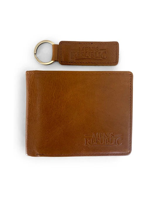 Mens Republic Leather Wallet And Keyring Set - Brown