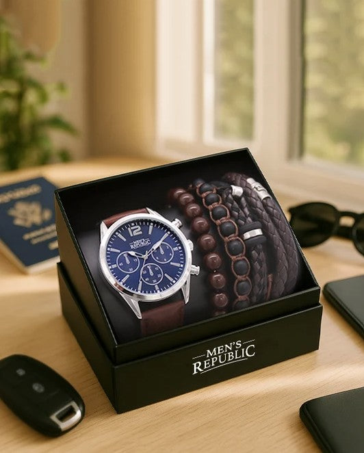 Mens Republic Watch Set With 4 Bracelets - Blue Face