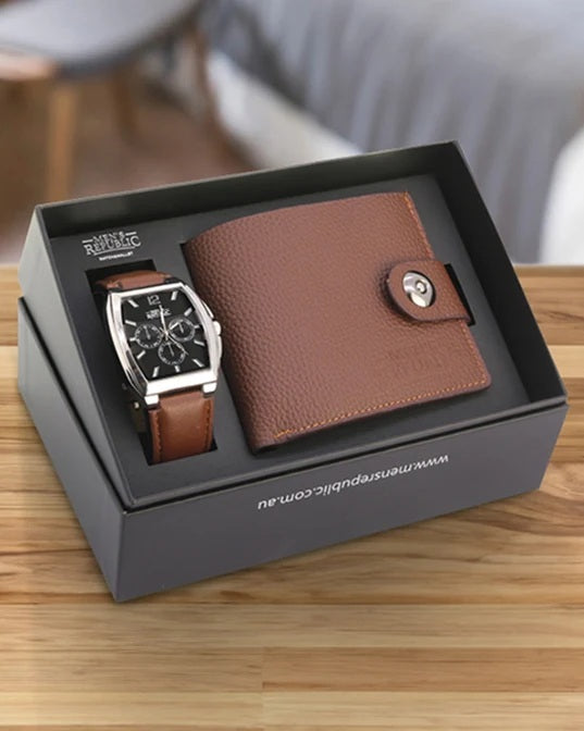 Mens Republic Watch Set With Leather Wallet - Brown