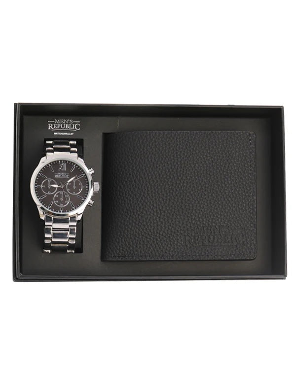 Mens Republic Watch Set With Leather Wallet - Black
