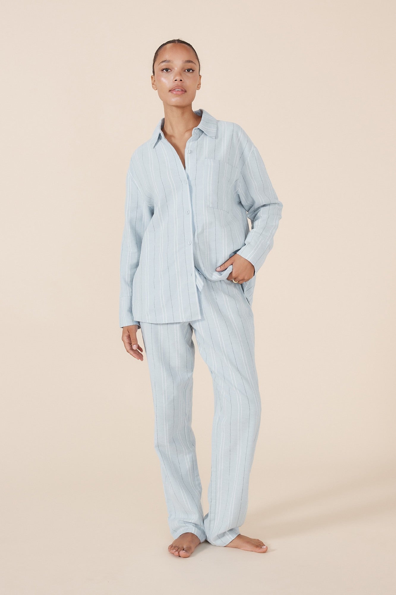Gingerlilly Amelie Stripe Cotton Long Pyjama Set Blue [sz:s]