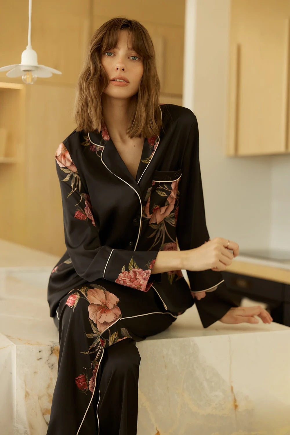 Gingerlilly Ruby Floral Satin Pj Set Black [sz:s]