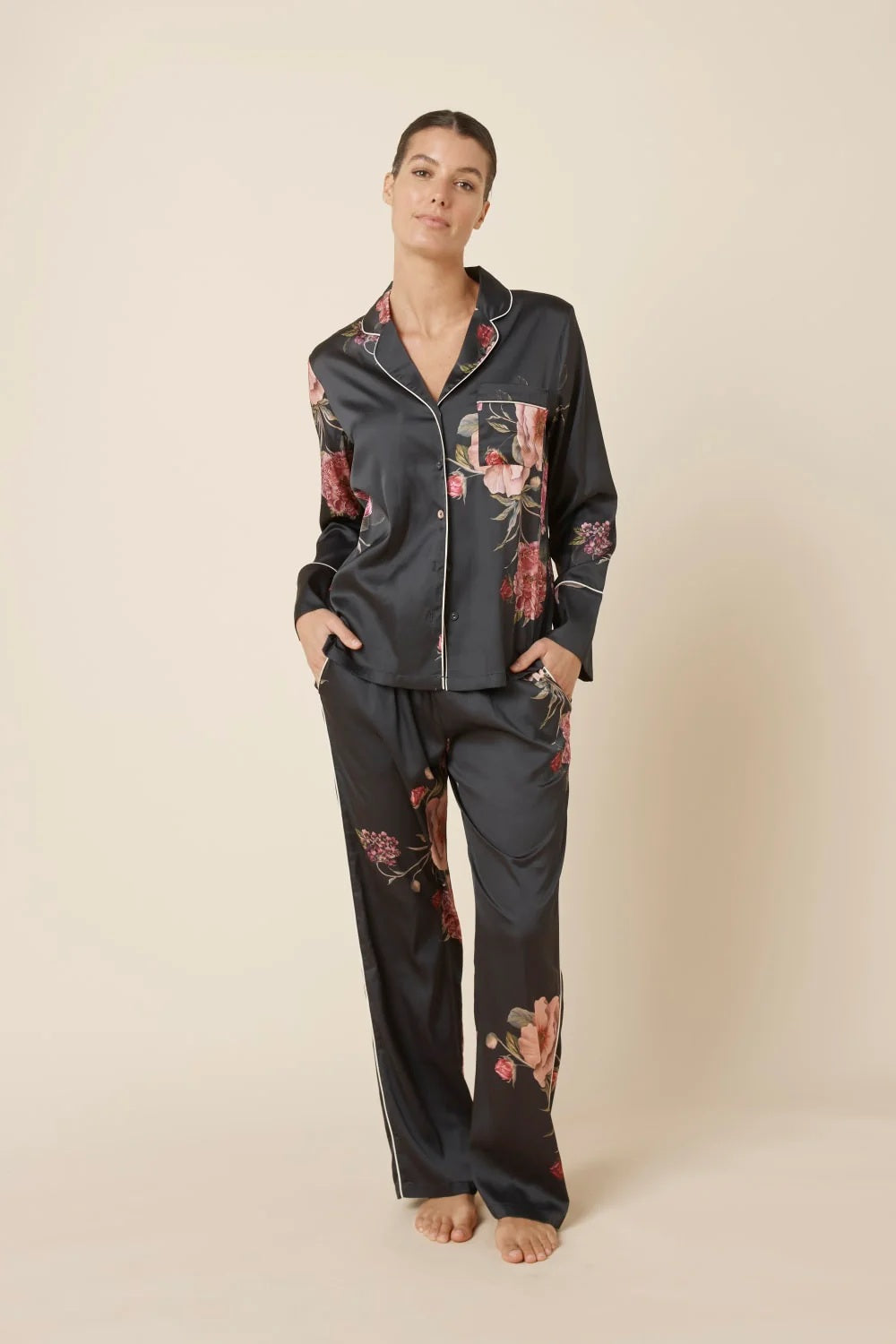 Gingerlilly Ruby Floral Satin Pj Set Black [sz:s]