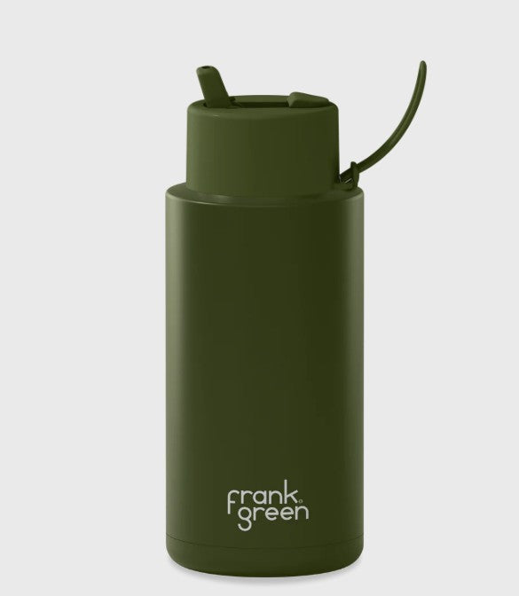 Frank Green 1l Stainless Steel Reusable Bottle Khaki With Flip Straw Lid