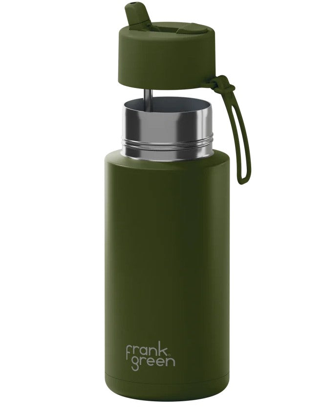 Frank Green 1l Stainless Steel Reusable Bottle Khaki With Flip Straw Lid