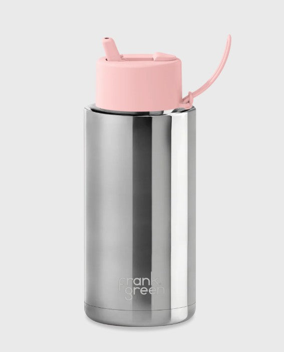 Frank Green Ceramic Reusable Bottle 34oz/1l Limited Edition Silver With Blushed Flip Straw Lid