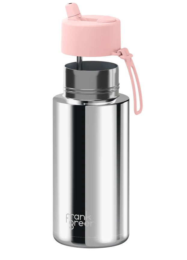 Frank Green Ceramic Reusable Bottle 34oz/1l Limited Edition Silver With Blushed Flip Straw Lid