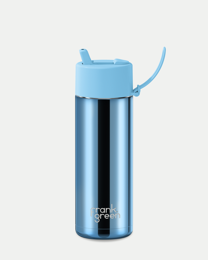 Frank Green 20oz/595ml Ceramic Reusable Bottle With Flip Straw Lid - Light Blue Chrome W Sky Blue Lid