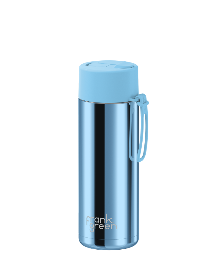 Frank Green 20oz/595ml Ceramic Reusable Bottle With Flip Straw Lid - Light Blue Chrome W Sky Blue Lid