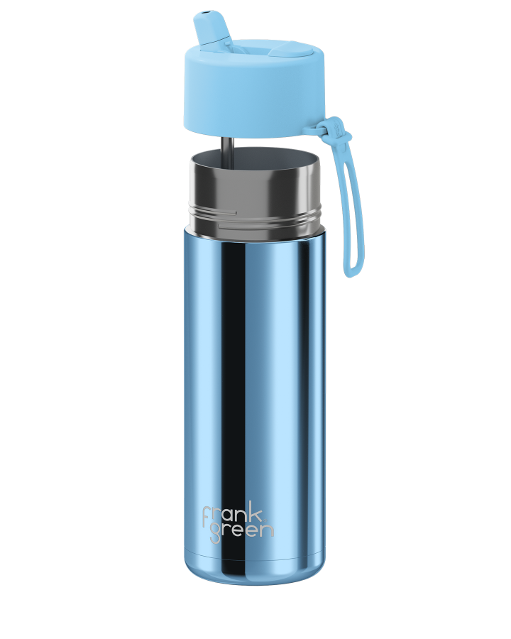 Frank Green 20oz/595ml Ceramic Reusable Bottle With Flip Straw Lid - Light Blue Chrome W Sky Blue Lid