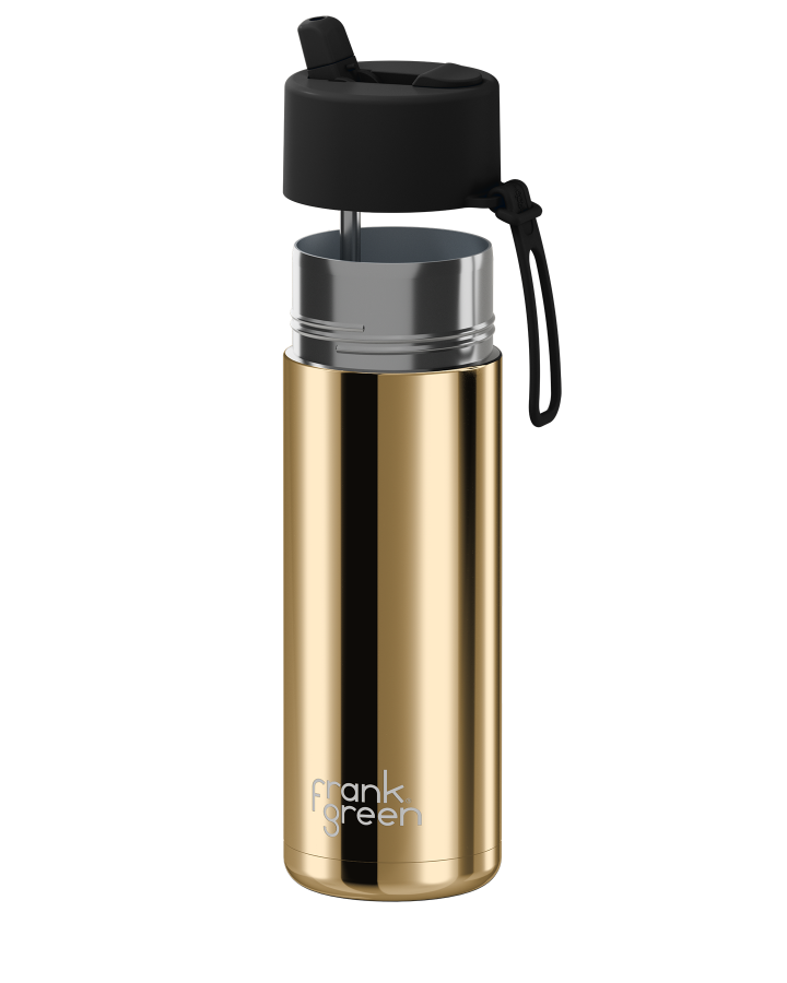 Frank Green 20oz/595ml Ceramic Reusable Bottle With Flip Straw Lid - Limited Edition Gold W Midnight Lid