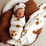 Load image into Gallery viewer, Snuggle Hunny Sunflower Organic Jersey Wrap &amp; Topknot Set
