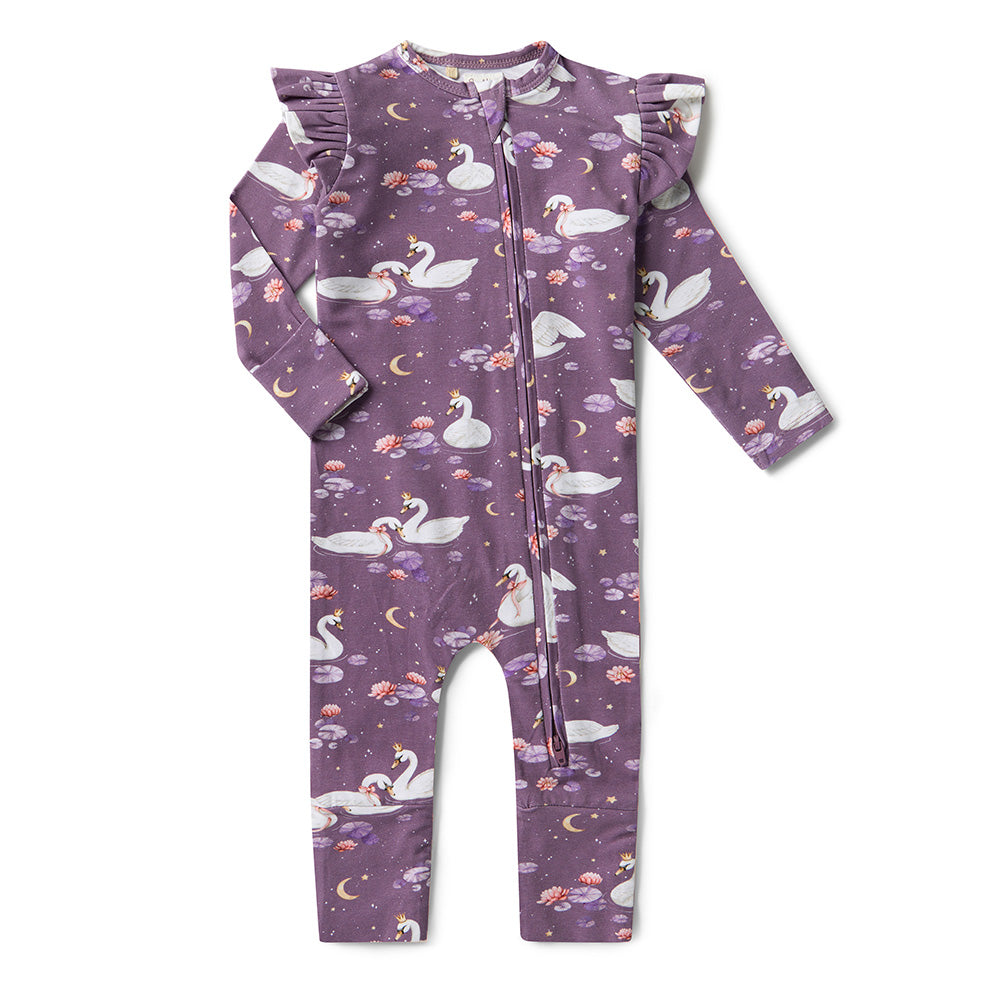 Snuggle Hunny Midnight Swan Organic Snugglesuit Convertible Romper With Frill [sz:0000]