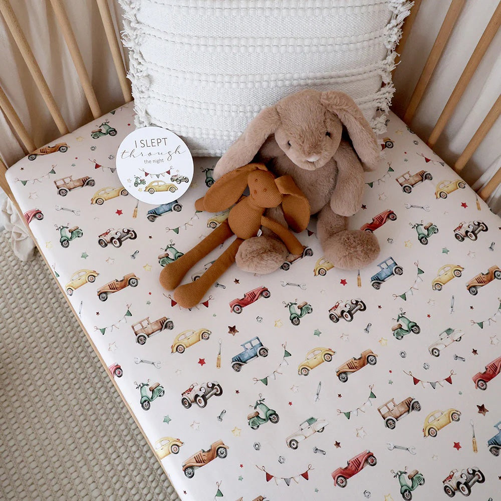 Snuggle Hunny Organic Fitted Cot Sheet Vintage Cars 