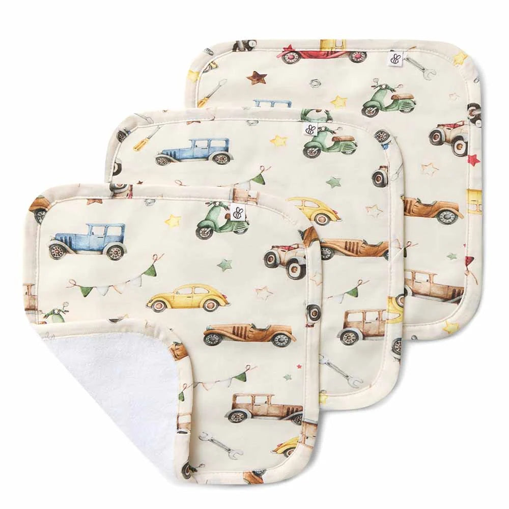 Snuggle Hunny Organic Wash Cloths - 3 Pack - Vintage Cars