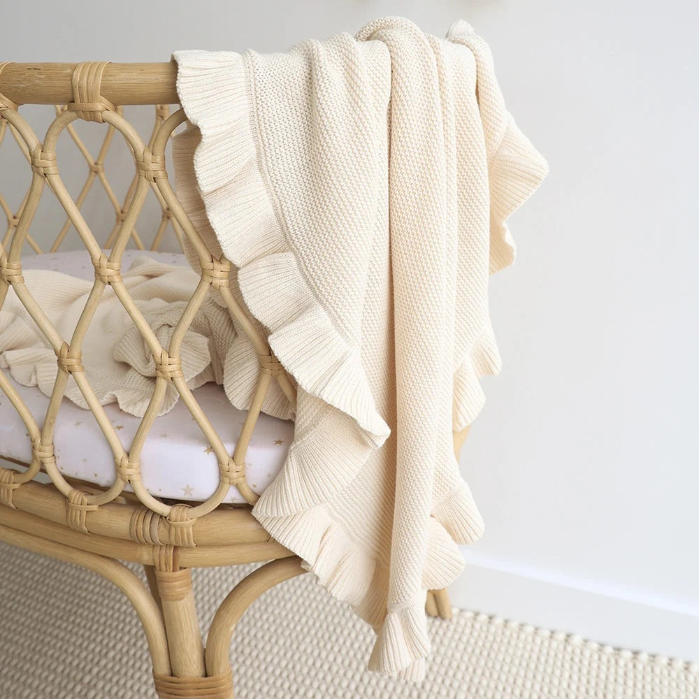 Snuggle Hunny Cream Ruffle Knit Organic Baby Blanket