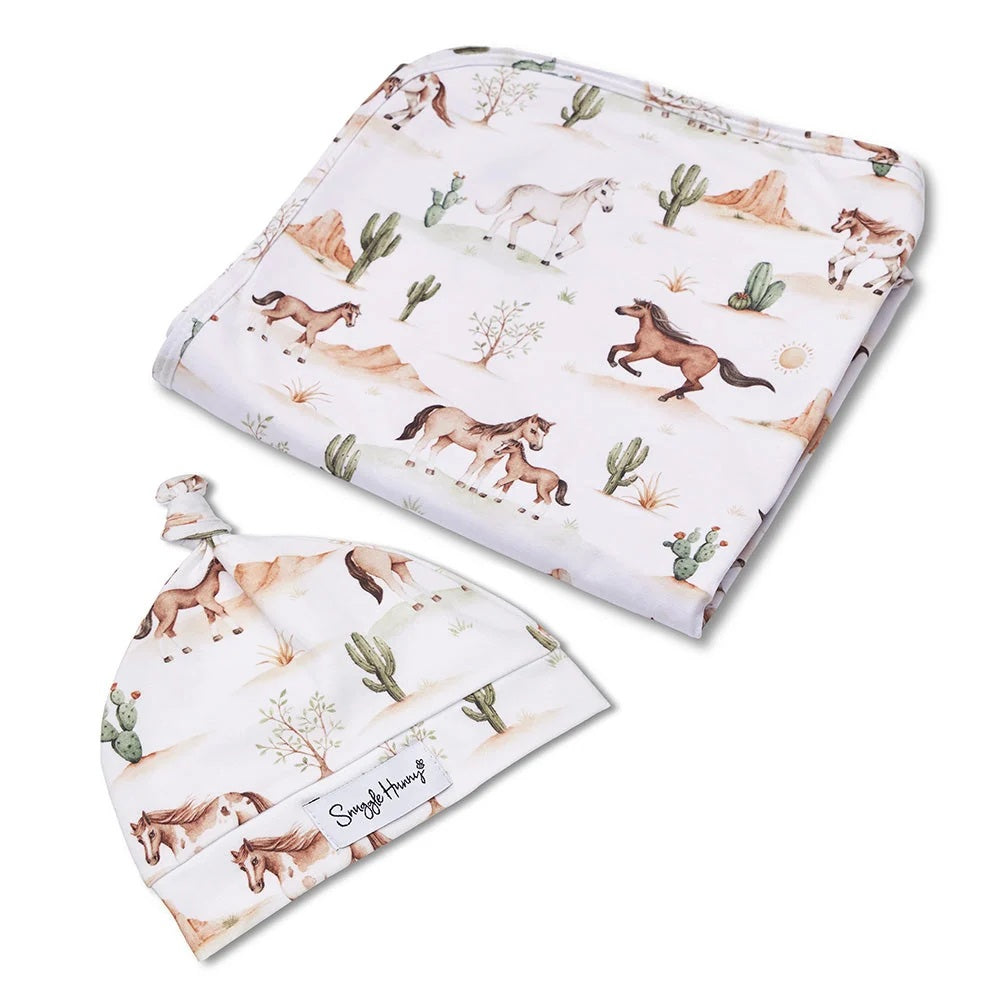 Snuggle Hunny Wild Horses Organic Jersey Wrap & Beanie Set