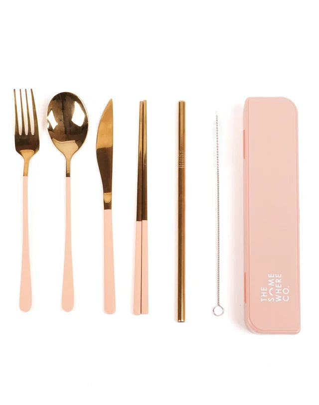 The Somewhere Co Take Me Away Cutlery Kit - Gold With Blush Handle