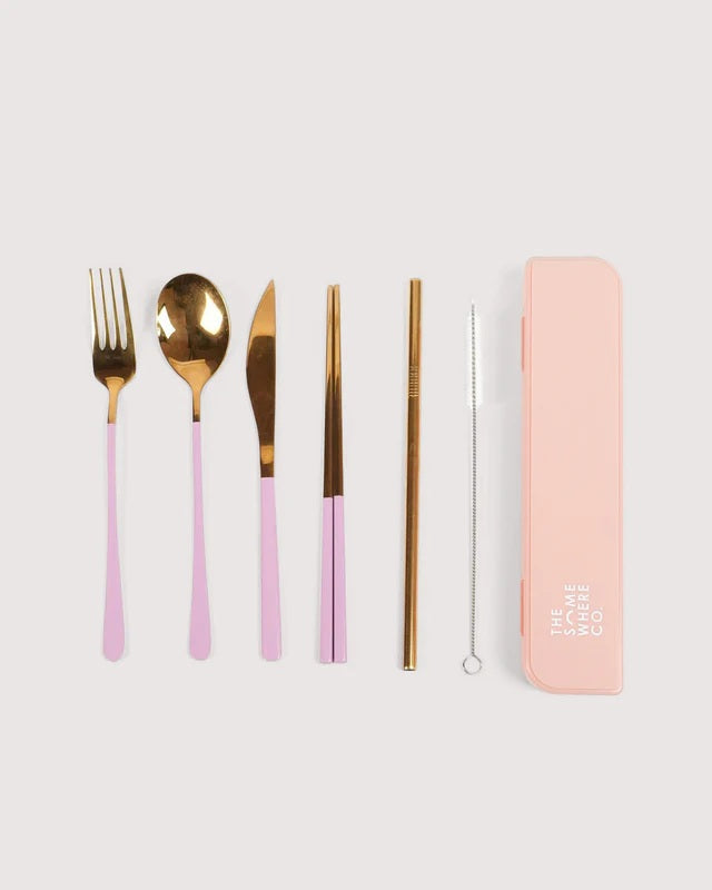 The Somewhere Co Take Me Away Cutlery Kit - Gold With Lilac Handle