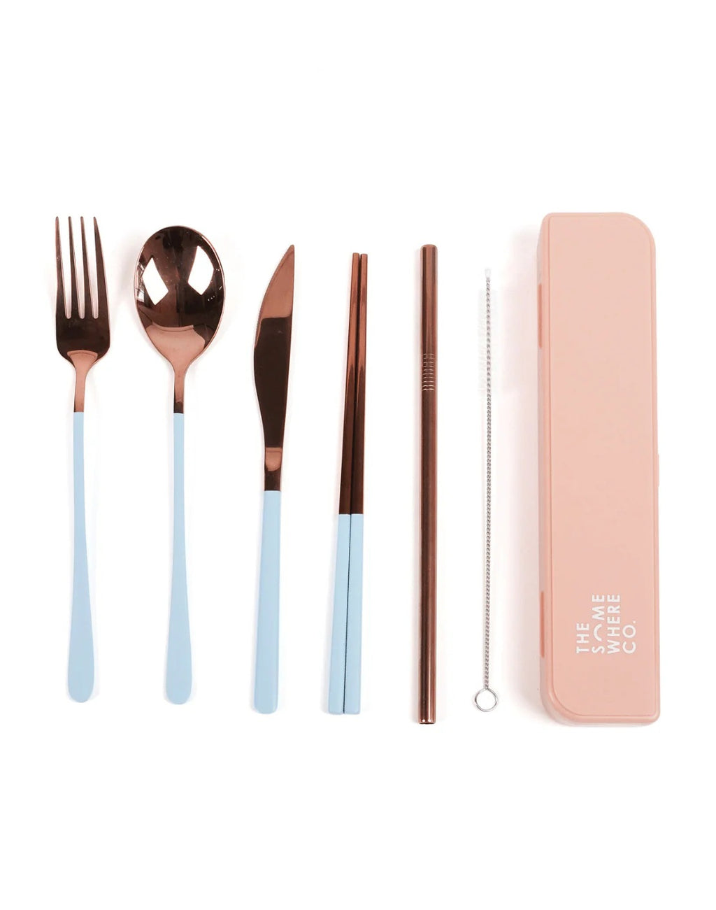 The Somewhere Co Take Me Away Cutlery Kit - Rose Gold With Powder Blue Handle