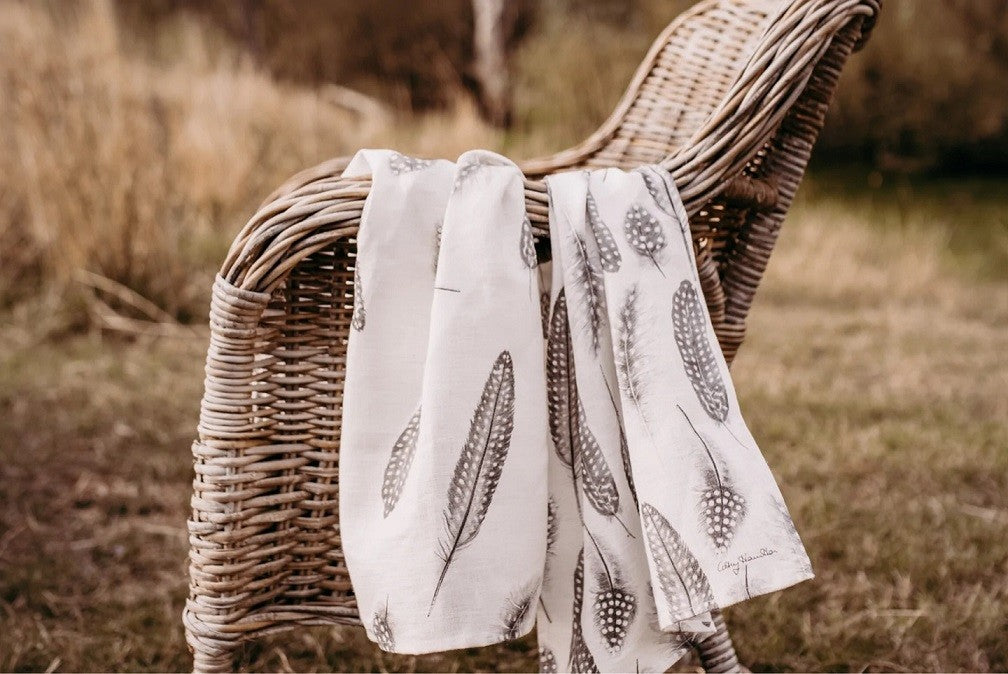 Cathy Hamilton Artworks - Feathers Galore Linen Tea Towel