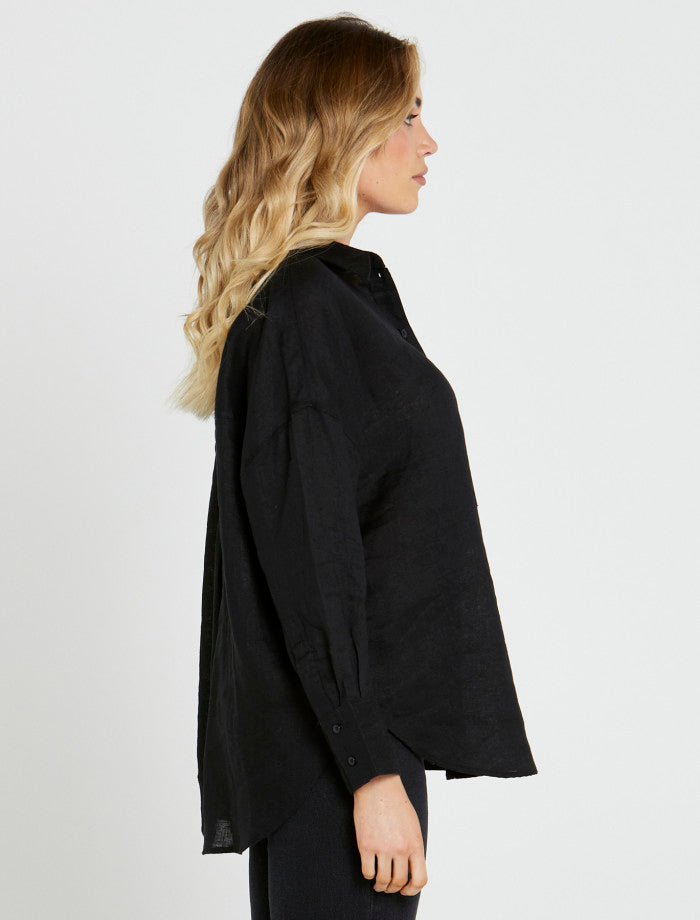 Sass Teresa Linen Oversized Buttondown Shirt Black