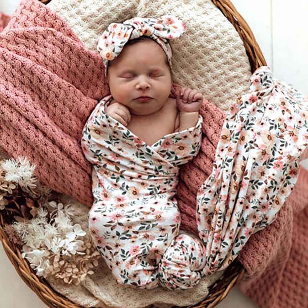 Snuggle Hunny Spring Floral Organic Jersey Wrap & Topknot Set